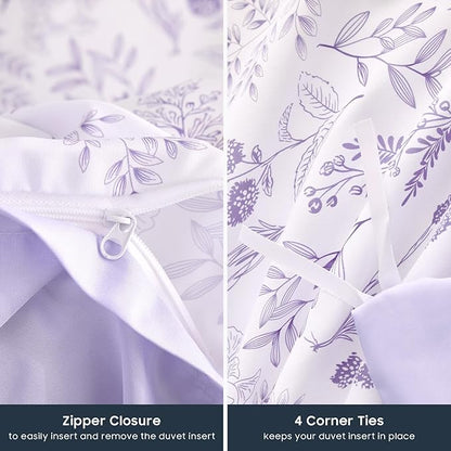 Wake In Cloud - Floral Duvet Cover Set, Botanical Vintage Flower Coquette Cottagecore Aesthetic for Women Teen Girls, Soft Lightweight Bedding, 3-Piece, Lilac, Full Size