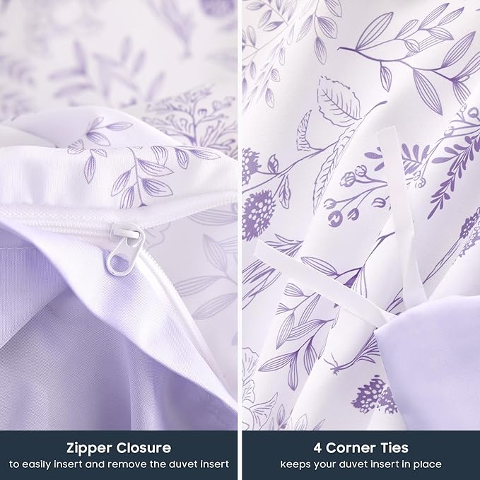 Wake In Cloud - Floral Duvet Cover Set, Botanical Vintage Flower Coquette Cottagecore Aesthetic for Women Teen Girls, Soft Lightweight Bedding, 3-Piece, Lilac, Queen Size