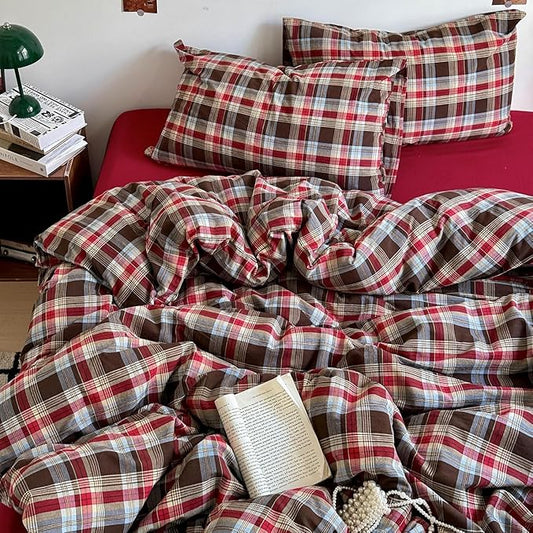 EAVD Vintage Red Brown Buffalo Plaid Duvet Cover Full 100% Wasehd Cotton Plaid Bedding Set with Grid Checkered Pattern Farmhouse Gingham Duvet Cover with Zipper Closure 2 Pillowcases for All-Season