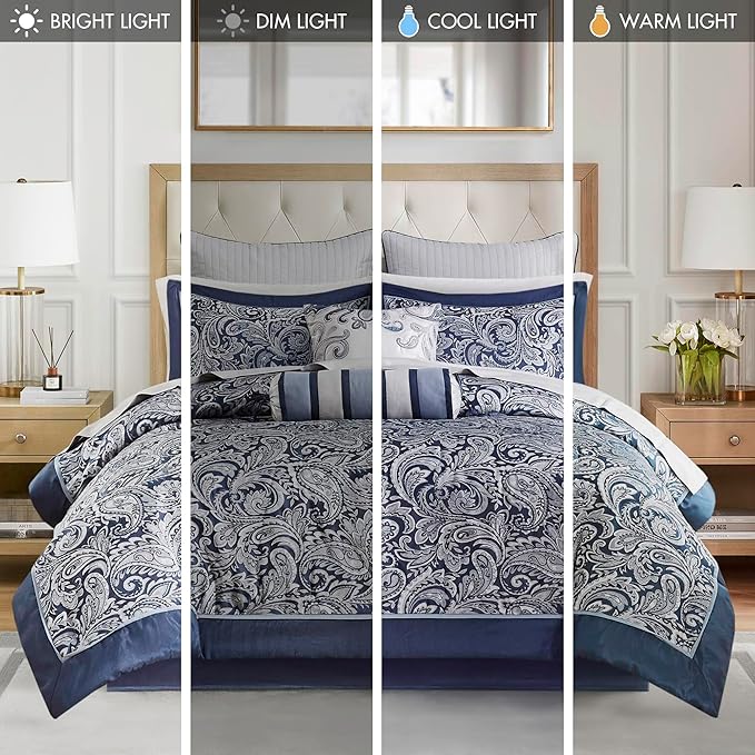 Madison Park Aubrey Cozy Comforter Set, Faux Silk Jacquard Paisley Design - All Season Down Alternative Bedding with Cotton Bed Sheets, Bed Skirt & Toss Pillows, King Navy 12 Piece