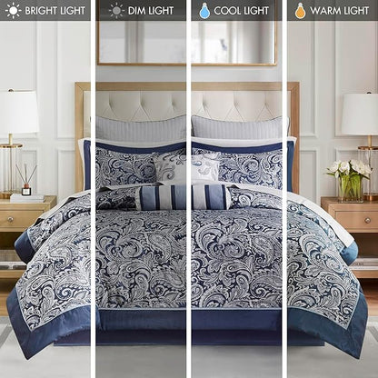 Madison Park Aubrey Cozy Comforter Set, Faux Silk Jacquard Paisley Design - All Season Down Alternative Bedding with Cotton Bed Sheets, Bed Skirt & Toss Pillows, California King Navy 12 Piece