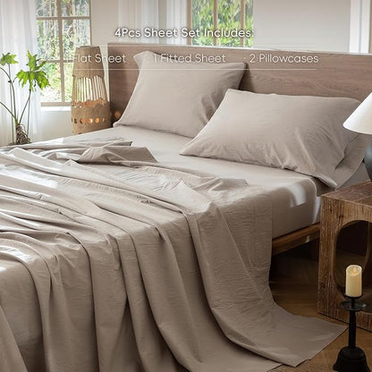 MooMee Bedding Sheet Set 100% Washed Cotton Linen Like Textured Breathable Durable Soft Comfy (Heathered Cream Grey, Full)