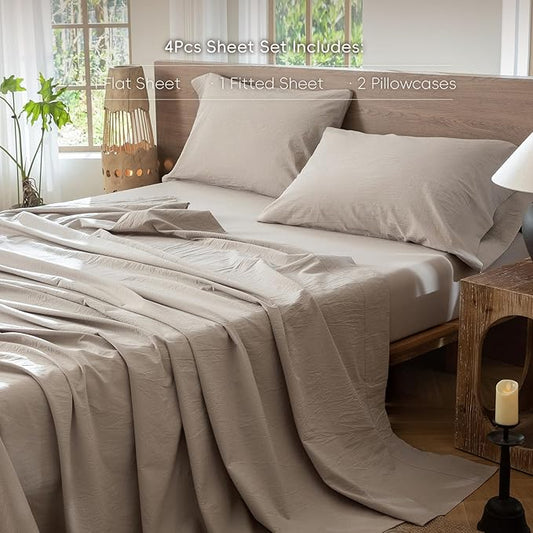 MooMee Bedding Sheet Set 100% Washed Cotton Linen Like Textured Breathable Durable Soft Comfy (Heathered Cream Grey, King)