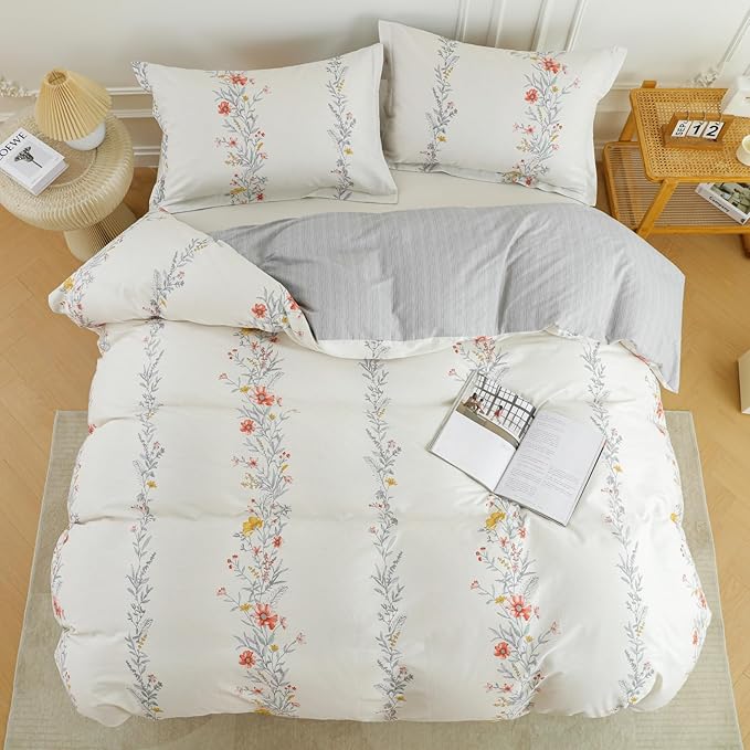 OAITE Duvet Cover Set King Size Floral Pattern Ultra Soft 100% Cotton Duvet Cover Sets 3-PC, Breathable Duvet Cover with Zipper Closure & Corner Ties(2 Pillow Shams,1 Duvet Cover)
