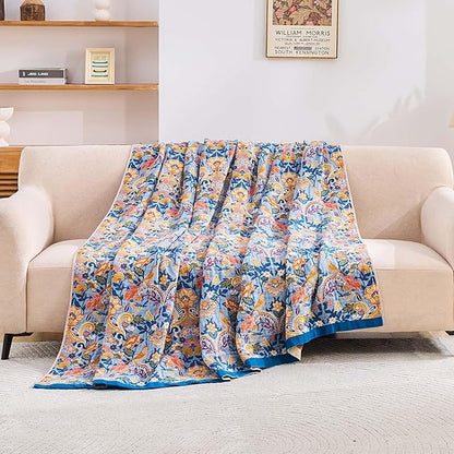 Boho Throw Blanket for Bed, 100% Cotton Soft Rustic Quilt Fall Blanket, 80"x90" Floral Printed Farmhouse Decor Bed Blankets, All Season Rustic Reversible Bohemian Throw Quilt