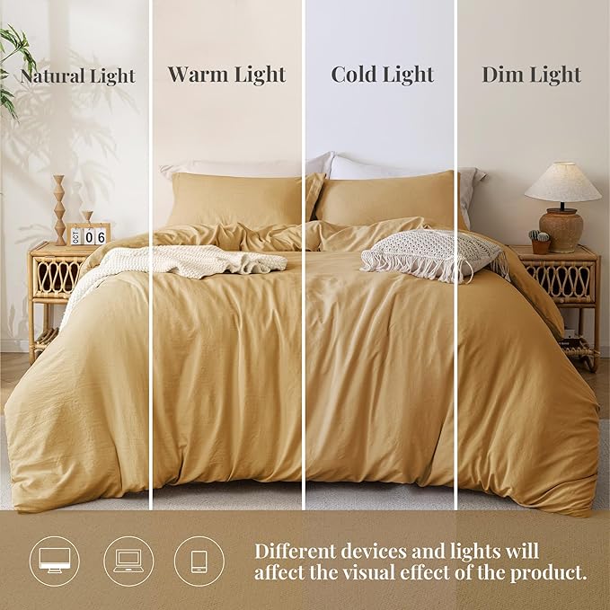 MILDLY Super Soft Duvet Cover - 100% Washed Microfiber Warm Mustard Yellow Comforter Cover Set 3 Pieces with Zipper Closure & Corner Ties (No Comforter)