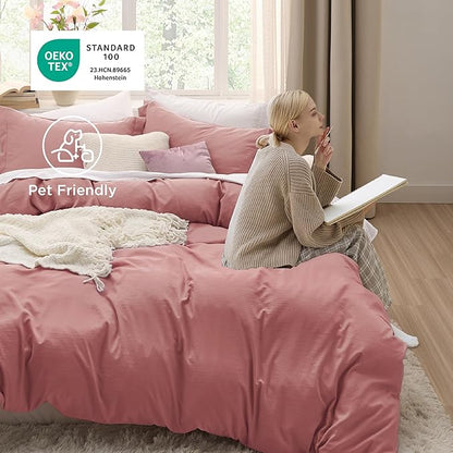 Bedsure Pink Clay Duvet Cover Full Size - 3 Pieces Prewashed Extra Soft Cotton-Like Polyester Bedding Set, Includes 1 Duvet Cover 80x90 Inches with Zipper Closure & 2 Pillow Shams, No Comforter