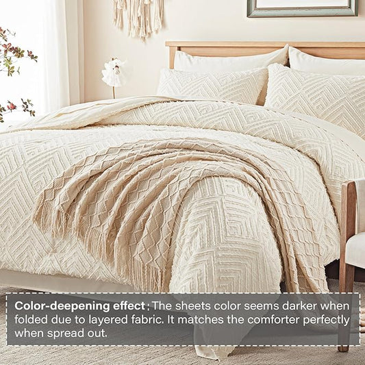 Zzlpp Twin Comforter Set 5 Pieces, Cream Tufted Bed in a Bag with Comforter and Pillowcase, All Season Boho Bedding Sets with 1 Comforter, 1 Pillow Sham, 1 Flat Sheet, 1 Fitted Sheet