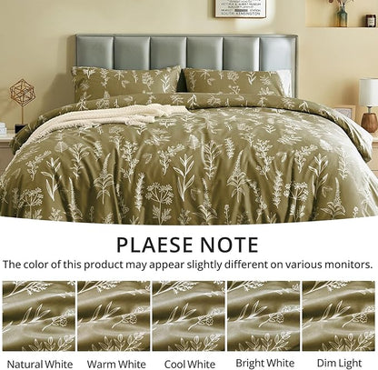 MUXHOMO Duvet Cover King Size, Reversible Floral Olive Green Duvet Cover Set with Zipper Closure, 3 Pieces Botanical Patterns Soft Microfiber Bedding Set (90"x104", 2 Pillow Cases 20"×36")