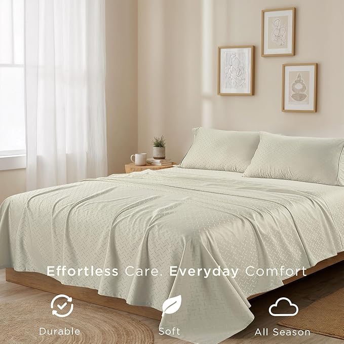 Threadmill Cotton Full Size Sheet Set | 100% Cotton Sheets for Full Size Bed | Damask Jacquard Full Bed Sheets Set with 16” Deep Pocket | Soft Sateen Weave 4-Piece Cooling Bedding Set | Ivory
