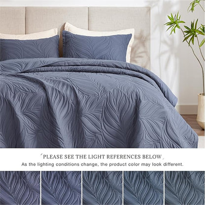 EXQ Home Quilt Set King Size Bluish Grey 3 Piece,Lightweight Soft Coverlet Modern Style Leaf Pattern Bedspread Set(1 Quilt,2 Pillow Shams)