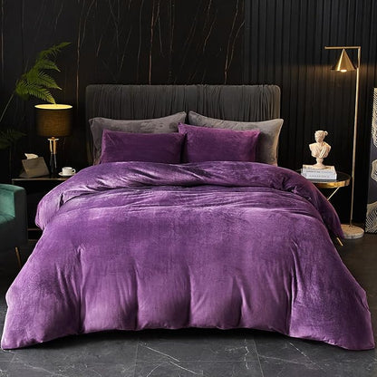 Ivellow Velvet Flannel Duvet Cover Set King Size Purple Duvet Ultra Soft Breathable Cozy Velour Luxury Bedding Set Zipper Closure Corner Ties