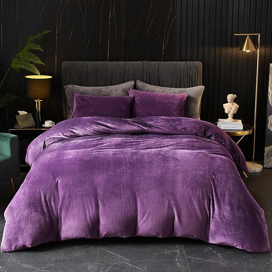 Ivellow Velvet Flannel Duvet Cover Set King Size Purple Duvet Ultra Soft Breathable Cozy Velour Luxury Bedding Set Zipper Closure Corner Ties