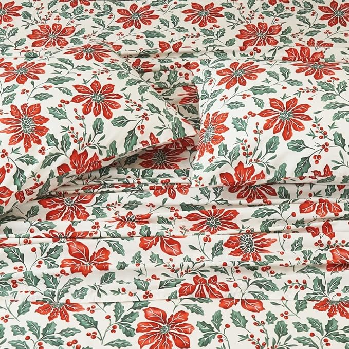 DAUAOTO Cotton Holiday Sheets Set Twin Size Printed Bedding Sets, Up to 14" Deep Mattress, Bedlinen Set Christmas Flower Pattern
