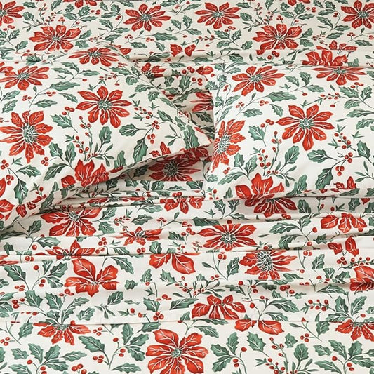 DAUAOTO Cotton Sheets Set Twin XL Holiday Printed Bedding Sets, Up to 14" Deep Mattress, Christmas Flower Pattern Bedlinen for Twin Extra Long Bed