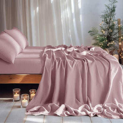 LBRO2M 100% Pure Linen Sheet Set Deep Pocket Up to 16" Bed Sheets Sets, Natural Flax Beddings Soft, Breathable, Comfortable for All Seasons 4 Pcs Sheet Set Full Size, Embroidery Purple