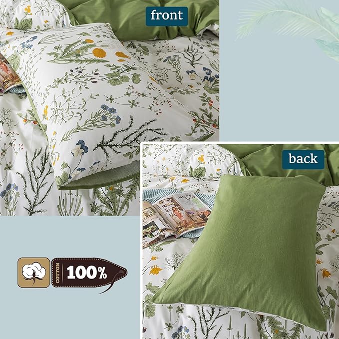 Zusbest 100% Cotton Floral Pillow Cases Standard Size Set of 2, 19''×29'', Reversible Botanical Green Pillowcases, Flower Printed Vintage Pillow Covers Soft Envelope Queen Pillowcase Protectors