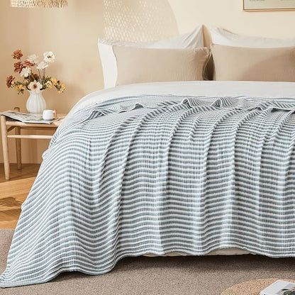 EMME Cotton Muslin Queen Blanket Bed Layering Bedspread Coverlet Breathable Gauze Soft Lightweight Adults (Striped Teal, 90"x90")