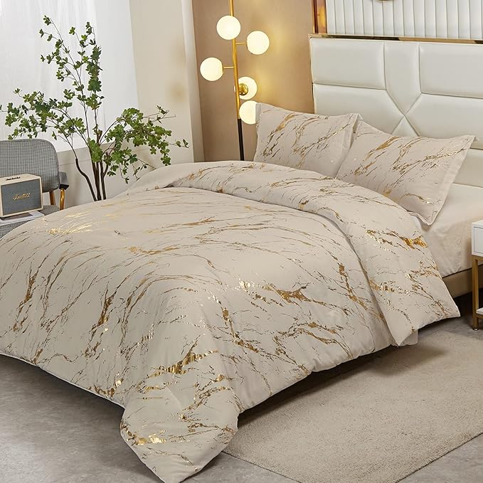 WONGS BEDDING Khaki Gold Metallic Marble Comforter Set King Foil Print Glitter Bedding Sets with 2 Pillowcases for All Seasons, Soft Microfiber Bedding Set 103"x90"