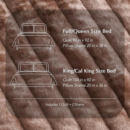 EVERGRACE Velvet Quilt Set King Size, Luxurious Soft Striped Channel Bedding Set, Lightweight Velvet Comforter for All Season, Oversized Bedspread Coverlet with 2 Matching Shams, Terracotta Clay