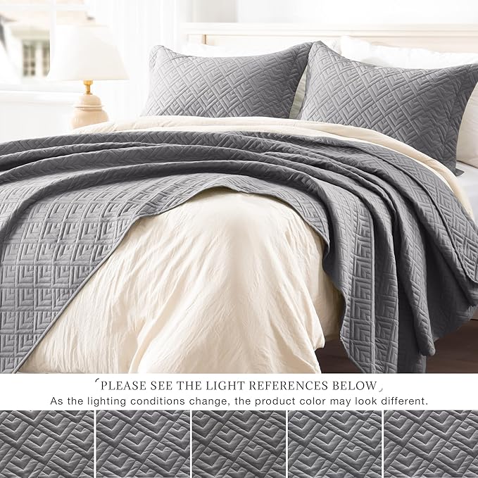 EXQ Home Quilt Set Full Queen Size Grey 3 Piece,Lightweight Soft Coverlet Squares Pattern Bedspread Set for All Season(1 Quilt,2 Pillow Shams)