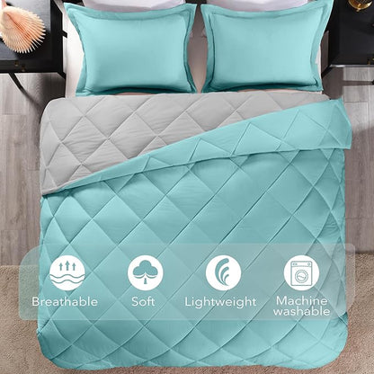 downluxe Queen Comforter Set - Turquoise and Grey Queen Comforter, Soft Bedding Sets for All Seasons -3 Pieces - 1 Comforter (88"x92") and 2 Pillow Shams(20"x26")