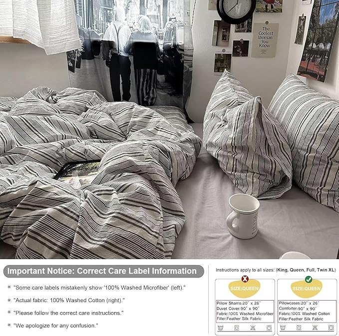 mixinni Vintage Grey & White Striped Comforter Set King Size - Soft Washed Cotton 3-Piece Neutral Bedding Set, Retro Geometric Pattern, All-Season Breathable & Fluffy for Men, Boys