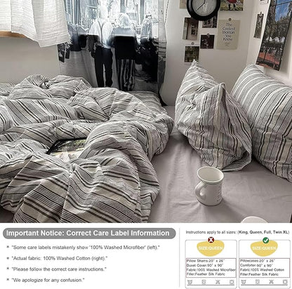 mixinni Vintage Grey & White Striped Comforter Set Twin XL Size - Soft Washed Cotton 3-Piece Neutral Bedding Set, Retro Geometric Pattern, All-Season Breathable & Fluffy for Men, Boys