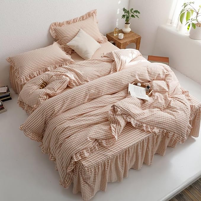 mixinni Vintage Pink Gingham Ruffle Comforter Set 3-Piece Washed Cotton Full Size Grid Bedding Set with Geometric Checkered Pattern, Farmhouse Chic Soft Fluffy Comforter for All-Season
