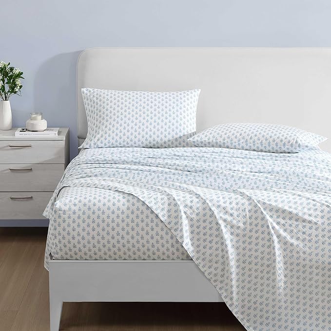 Laura Ashley - Full Sheets, Cotton Percale Bedding Set, Lightweight & Breathable Home Decor (Francesca Blue, Full)