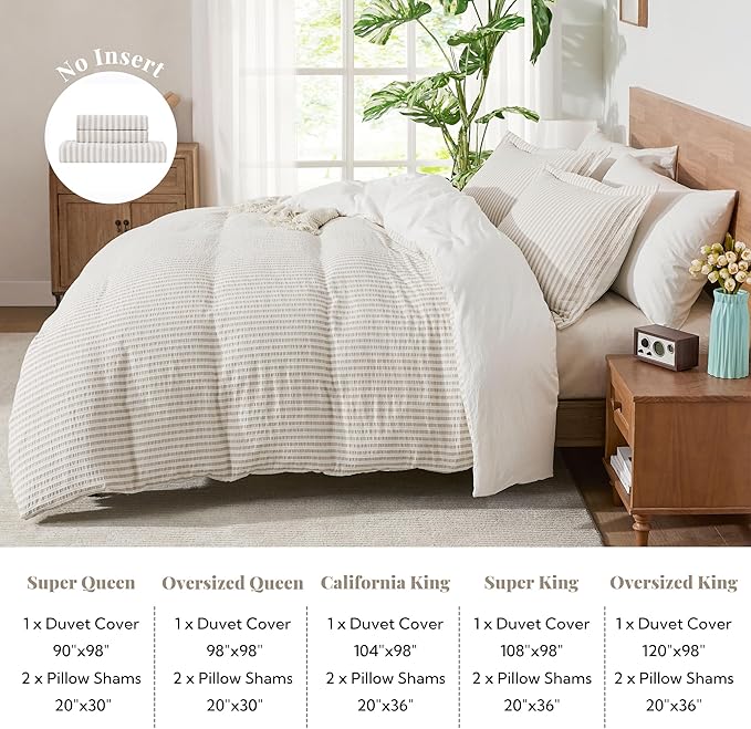 MILDLY Khaki Striped Duvet Cover - 100% Washed Cotton Jacquard Textured Comforter Cover with Dual Zipper Closure & 8 Coner Ties