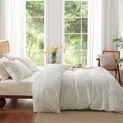 Nayoroom Striped Duvet Cover King Size 100% Washed Cotton White Brown Stripe Duvet Cover 3 Pieces Soft Breathable Girls Dorm Bedding Set for All Seasons, Yarn Dyed Process