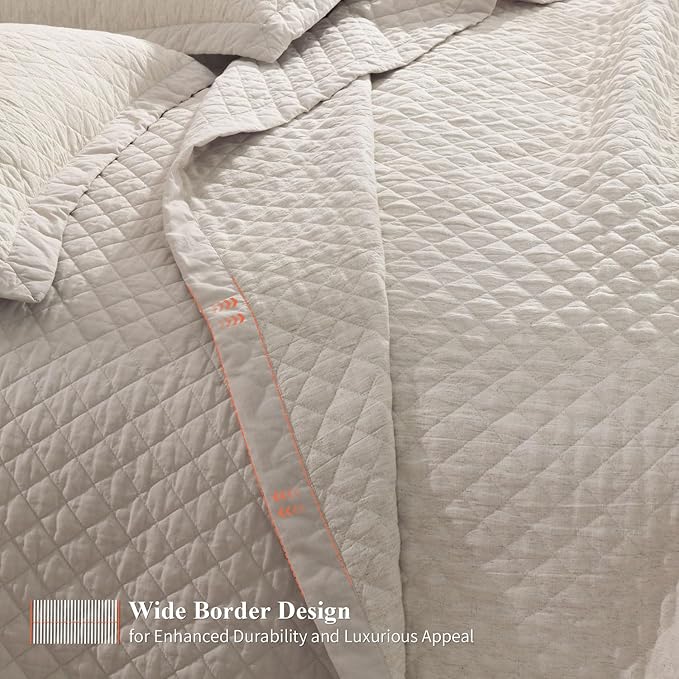 Grassix Linen Quilt Set King Size 3-Piece, 100% Linen Front & Cotton Back, Prewashed Diamond Stitch Bedspread with 2 Shams, Lightweight Breathable Quilt for Hot Sleepers, Modern Farmhouse Bedding