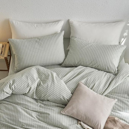 MooMee Bedding Pillowcases Striped Pack of 2 100% Washed Cotton Linen Like Textured Breathable Durable Soft Comfy (Sage Green White Wide Stripes, King)