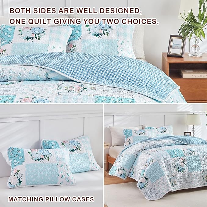 Joyreap 3 Pieces Floral Patchwork Quilt Set Queen, Blue n White Flowers Design, Soft n Cozy Microfiber Quilt, Bedspread Bed Cover for All Season, 1 Quilt and 2 Pillow Shams- 90x90 inches