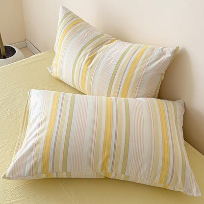VM VOUGEMARKET 3 Pieces Striped Duvet Cover Set King 100% Washed Cotton Linen Like Textured Breathable Durable Soft Comfy Bedding Set (Yellow Stripes, King 104"x90")