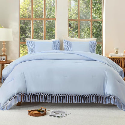 Andency Light Blue Comforter Set California King, 3 Pieces Boho Cal King Tassel Lightweight Soft Bedding Comforter Sets, Oversized Bed Set (104x96In Comforter & 2 Pillowcases)