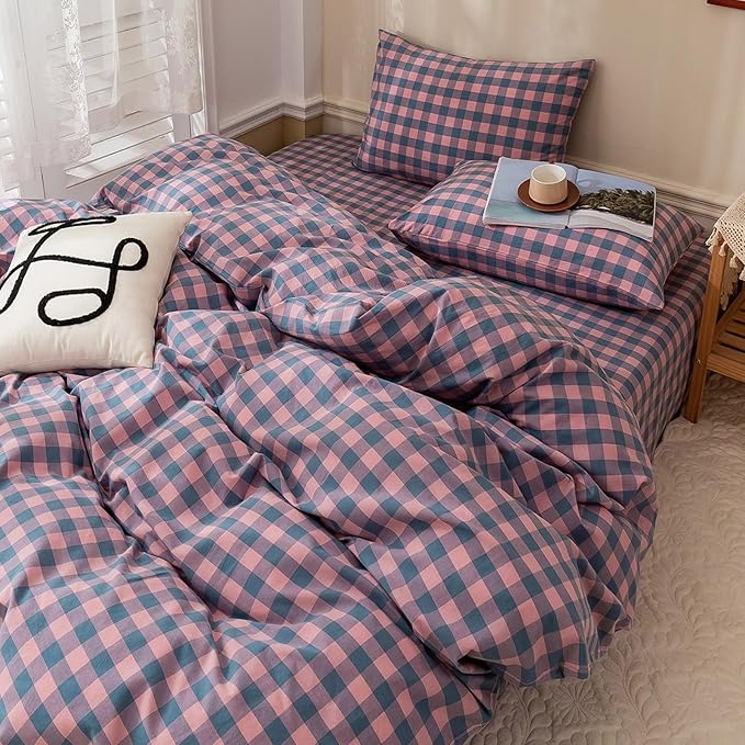 HighBuy King Size Comforter Set Gingham Bedding Set,Purple Grid Plaid Pattern Printed Comforter Set 3 Pieces Fluffy Comfortable, Vintage Checkered Boho Bedding Comforter with 2 Pillowcases
