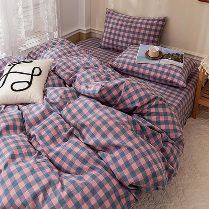 HighBuy King Size Comforter Set Gingham Bedding Set,Purple Grid Plaid Pattern Printed Comforter Set 3 Pieces Fluffy Comfortable, Vintage Checkered Boho Bedding Comforter with 2 Pillowcases