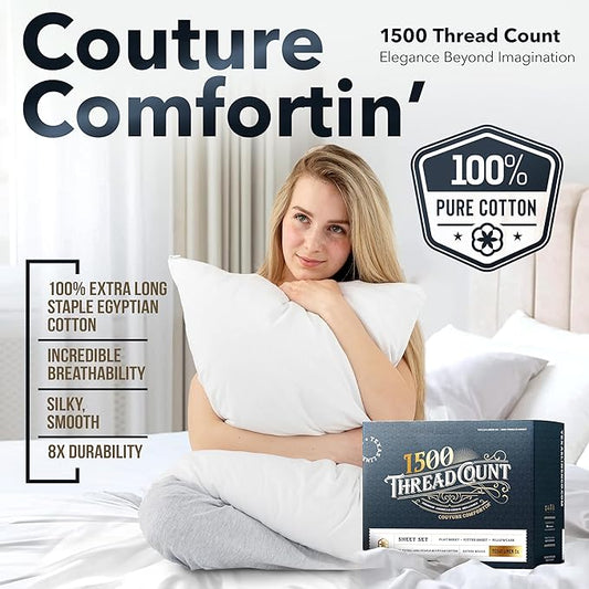 TEXAS LINEN CO. 100% Egyptian Cotton Queen Sheets Set - Luxury 1500 Thread Count Egyptian Cotton Sheets Queen Size Bed Set, 17" Deep Pocket, Soft, Cooling Sateen Hotel Quality Bedding Set - Ivory
