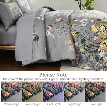 WONGS BEDDING King Comforter Set 7 Piece, Grey Floral Bed in a Bag Bedding Set with Botanical Flowers Patterns, Soft Lightweight Complete Comforters with Sheets for All Season