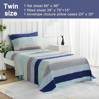 JSD Striped Sheet Set Twin Size, 3 Piece Soft Printed Microfiber Sheet Set Extra Deep Pocket