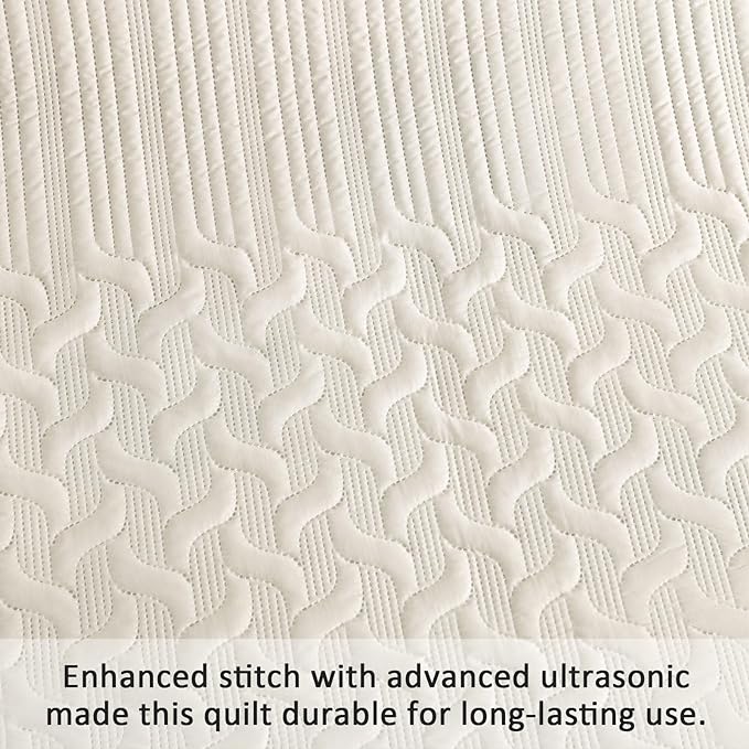 Yiran Beige Quilt Set Queen Size Lightweight Bedspread Ultrasonic Wave Pattern Soft Microfiber Coverlet for All Season Modern Style 3 Piece Bed Cover Sets with 2 Pillow Shams (96"x90")