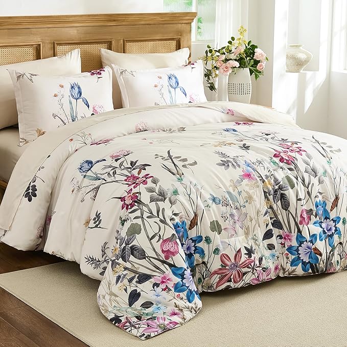 WONGS BEDDING Floral Comforter Set King, 7 Piece Beige Bed in a Bag Bedding Set with Botanical Flowers Patterns, Soft Lightweight Complete Comforters with Sheets for All Season