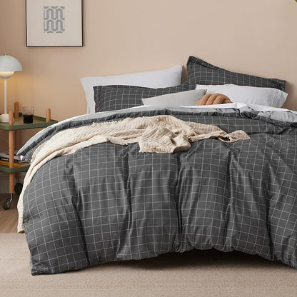 Bedsure Duvet Cover Queen Size - Reversible Plaid Duvet Cover Set with Zipper Closure, 3 Pieces Dark Grey Bedding Set with 8 Corner Ties and 2 Pillow Shams 20"x26"