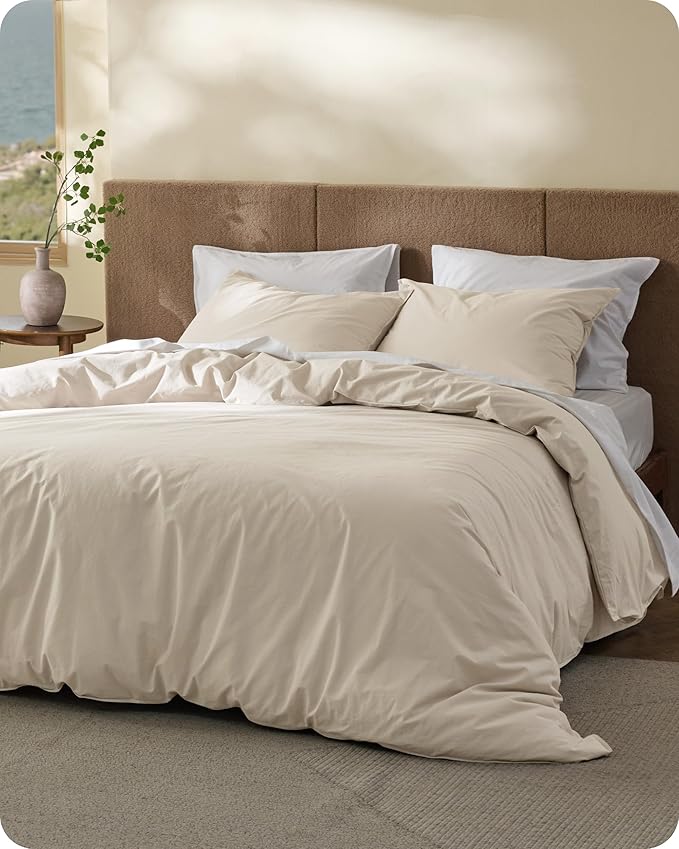 Bedsure Cotton Duvet Cover Queen Size - Luxury Slub Weave 100% Cotton Duvet Cover Set, PureWoven Bedding Set with a Linen Like Textured, Easy Change, Ivory, 90" x 90"