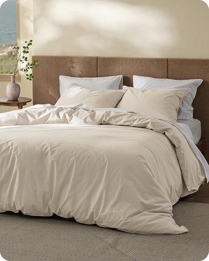 Bedsure Cotton Duvet Cover Queen Size - Luxury Slub Weave 100% Cotton Duvet Cover Set, PureWoven Bedding Set with a Linen Like Textured, Easy Change, Ivory, 90" x 90"