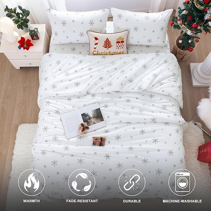 COTTEBED Twin Size Snowflake Comforter Set, Soft Cozy Polycotton Down Comforters for Twin XL Bedding Kid Children Boy Girl Teen College Dorm Signal Bed Holiday Home Ornament