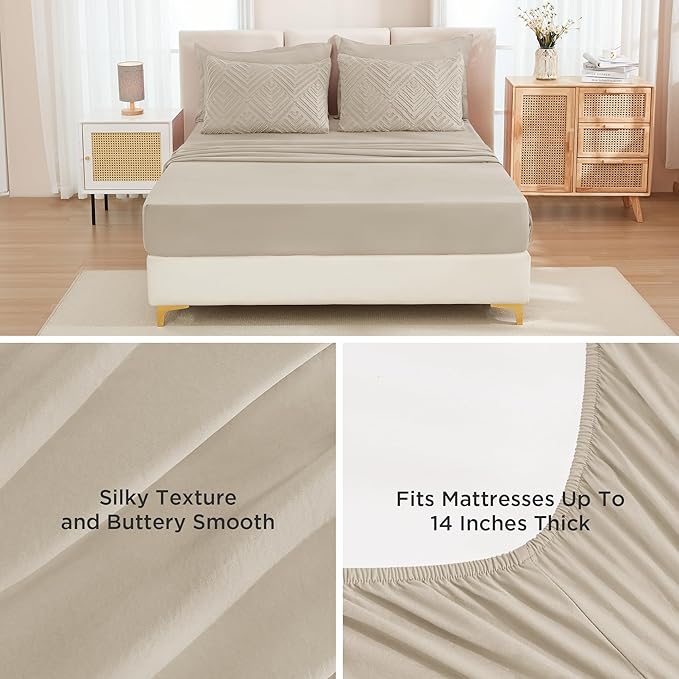 Andency Oversized King Size Comforter Set with Sheets Oatmeal - 7 Pieces Bed in a Bag Oversized King Boho Tufted Lightweight Bedding Sets with Comforter, Sheets, Pillowcases & Shams