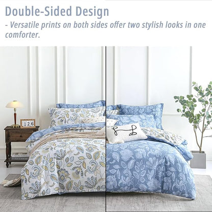 Vintage Botanical Cotton Comforter Queen Size 3PC - Lavish Floral on Bluish White with Frost Blue Back, Reversible Lightweight Comforter Set with Soft Fill(90"×90")